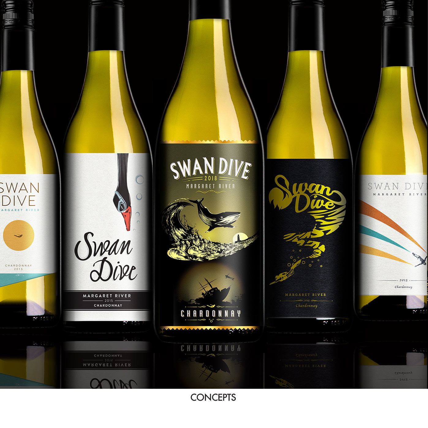 This image is a series of creative wine label concepts